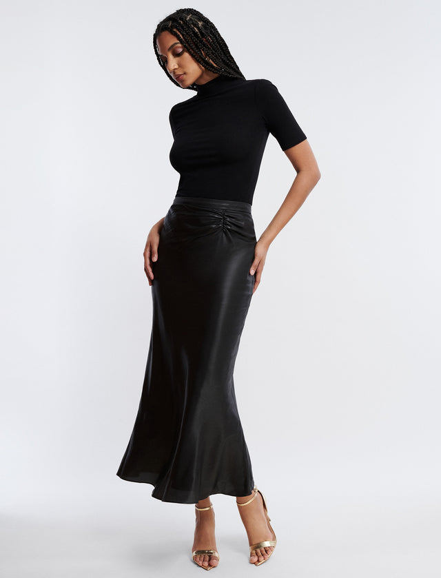 Black Ruched Midi Skirt | Bottoms | BCBGMAXAZRIA 23FRS265PL01-NA-36